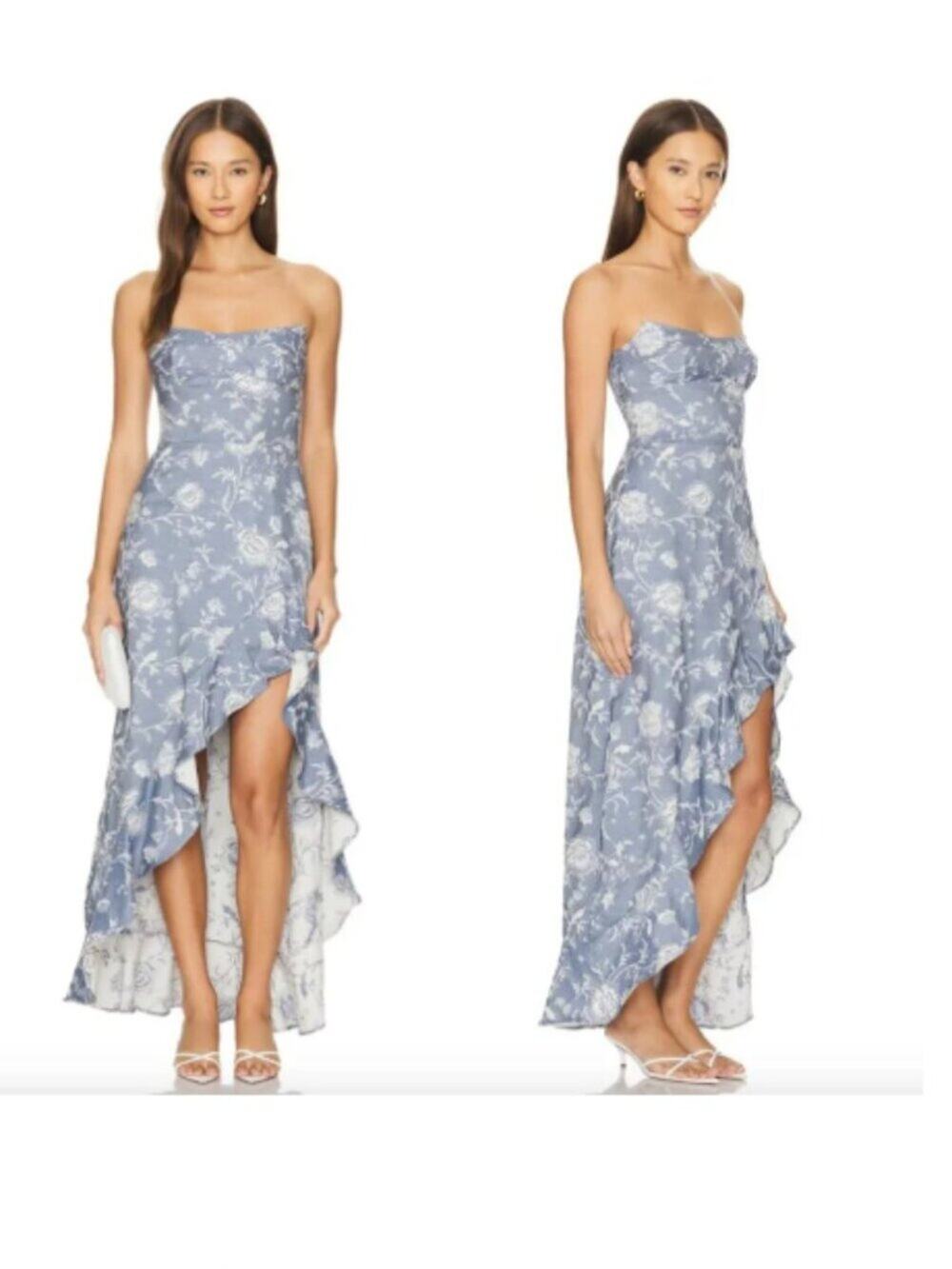 Amanda Uprichard Alyse Maxi Dress in Denim Brocade Strapless Floral Gown Sz M